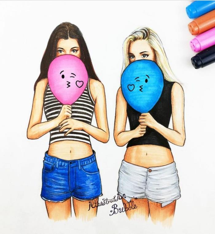 roza in modri baloni, risba dveh deklet, blondinke in rjavolaske, kako narisati ljubko dekle