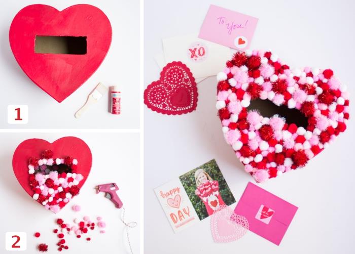kalp şeklinde kesilmiş ve kırmızı ve pembe küçük süslemelerle süslenmiş karton kutu ile sevgililer günü için sürpriz bir fikir