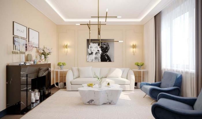 primer svetlo bež barve v sodobni sobi, bež in beli model dnevne sobe z elegantnim in sodobnim dekorjem