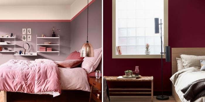 primer sodobne deko spalnice za odrasle, pastelno vijolične ali bordo barve za stene v trendovski spalnici 2019