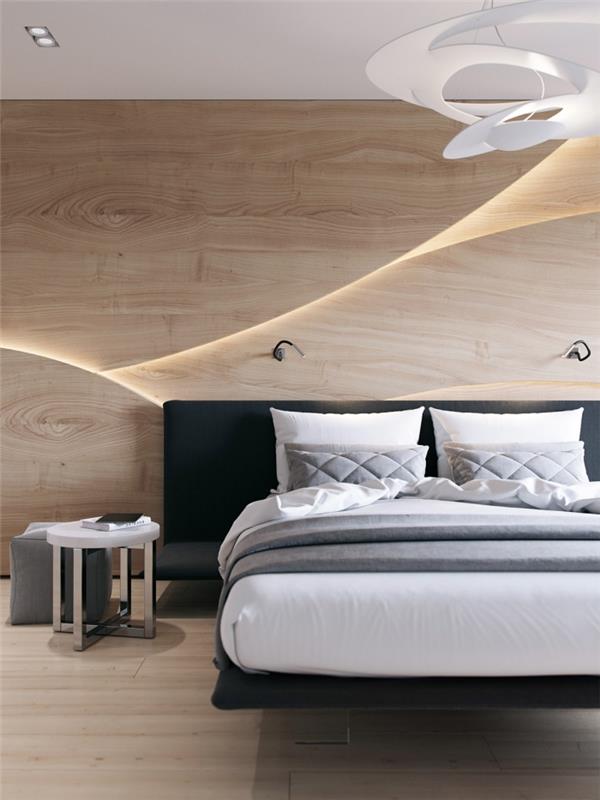 kaip papuošti skandinavišką kambarį baltu ir mediniu, dekoratyviniu medžio skydo modeliu su LED apšvietimu