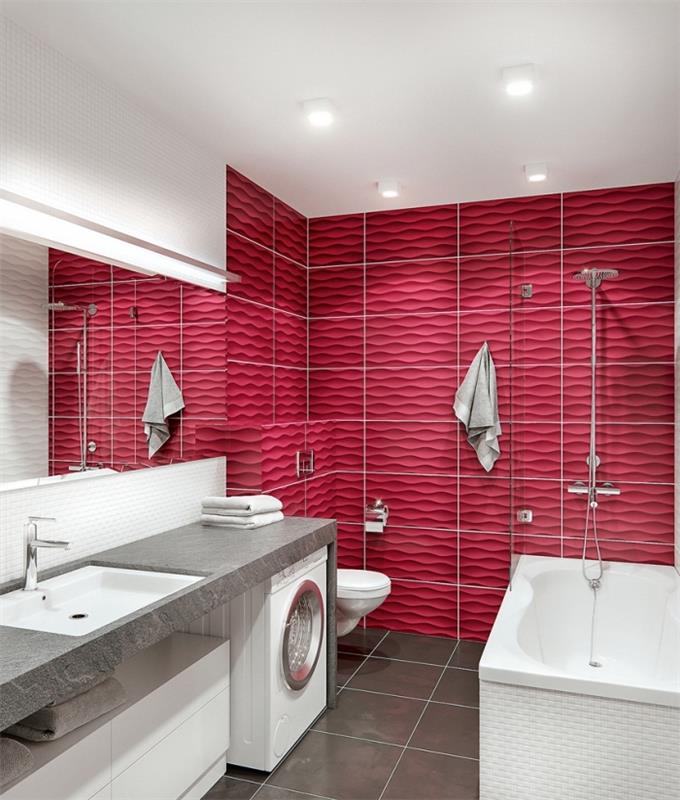 majhna kopalniška omarica brez ročaja s sivim pultom, stenska obloga iz roza ploščice