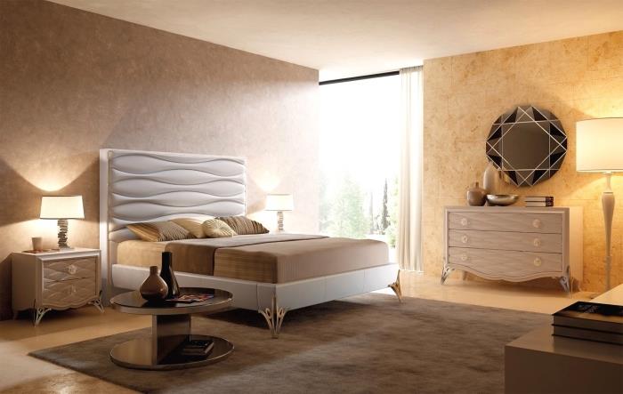 dekoracija spalnice v nevtralnih barvah, postavitev sobe za odrasle z rjavimi in bež stenami, stenske barve zemeljskih odtenkov