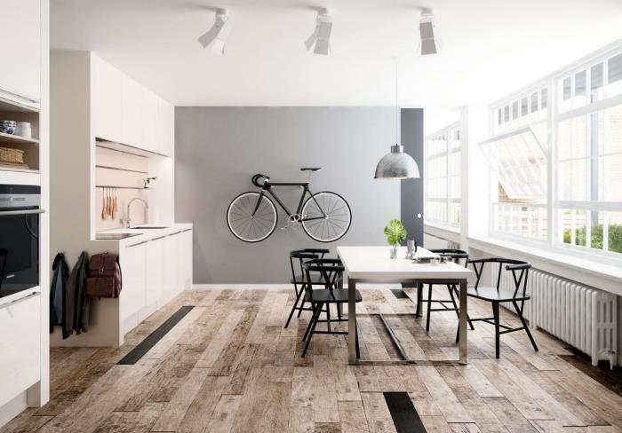 açık gri duvarlı ahşap zemin ve beyaz tavan ile mutfak dekorasyonu, yemek alanı ile uzun mutfak dekorasyonu