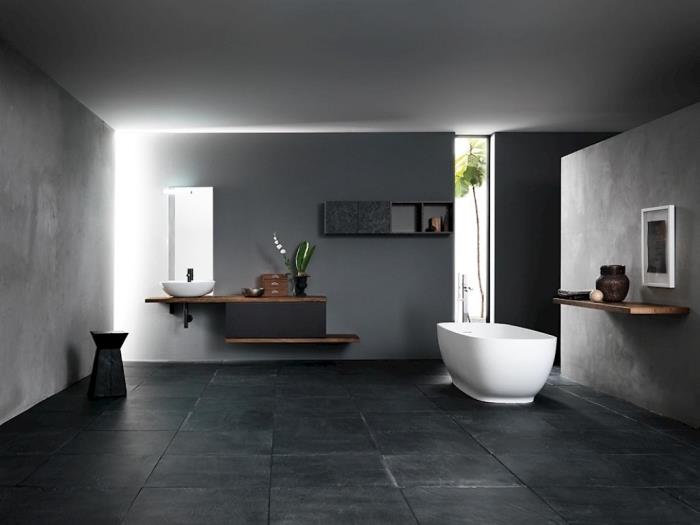 medžio masyvo vonios baldų idėja, madingas vonios kambarys su tamsiomis sienomis, pilkos spalvos vonios kambario apdaila