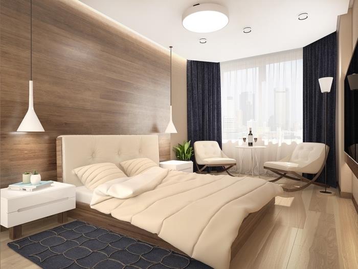 primer elegantnega oblikovanja v spalnici za odrasle z nevtralnimi barvami, sodobna ideja o barvi spalnice v letu 2019