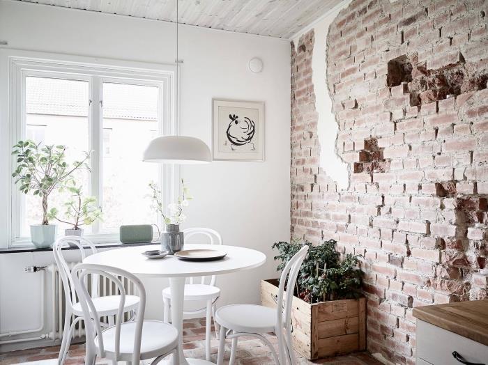 3d efektli duvar kağıdı duvar dekorasyonu ile endüstriyel stil iç, ahşap tavanlı beyaz mutfak modeli, modaya uygun mutfak duvar kağıdı fikri