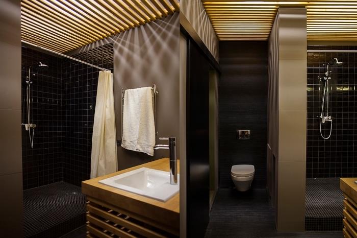 vonios kambario išdėstymas su modernia dušo kabina, juodos vonios plytelių idėjos, taupe atspalvio sienų dažai