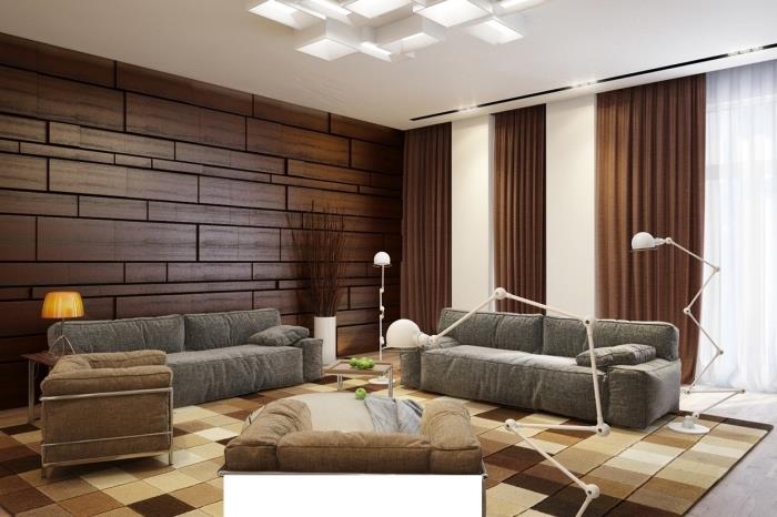 balta ir medinė svetainės apdaila su aksesuarais rudos ir smėlio spalvos, originalus lubų modelis su LED apšvietimu
