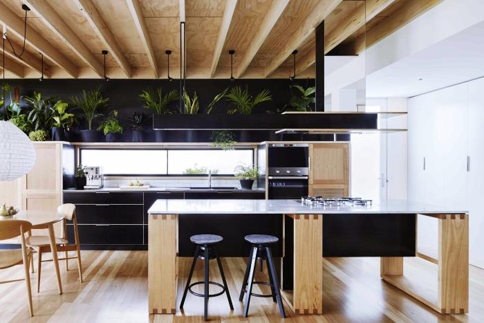 sodobna lesena kuhinja s stropom iz svetlih lesenih tramov in mat črnim stenskim delom, okras z zelenimi rastlinami