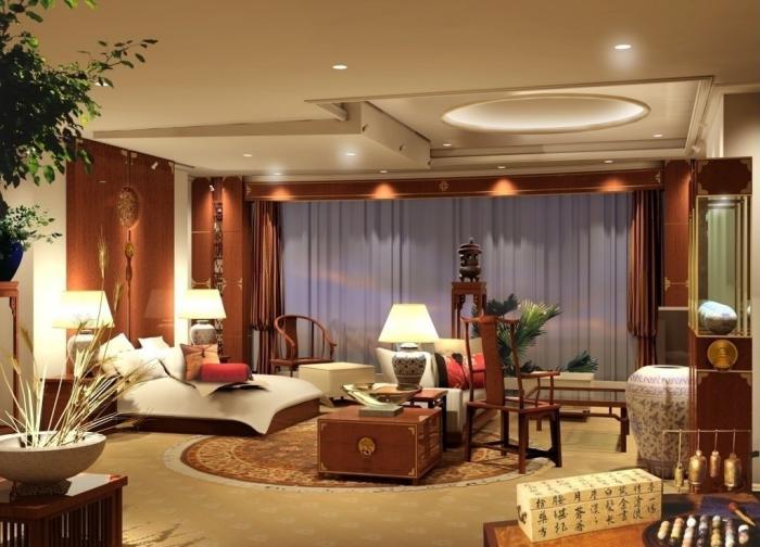šviesios lubos-klaidingos lubos su apšvietimu Azijos dekoro miegamajame