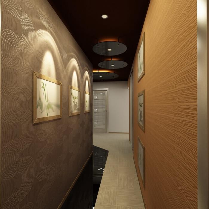 koridor dekorasyon fikri, koyu tonlarda uzun ve dar koridor düzeni, bej fotoğraf çerçeveli taupe ve ahşap duvar dekoru