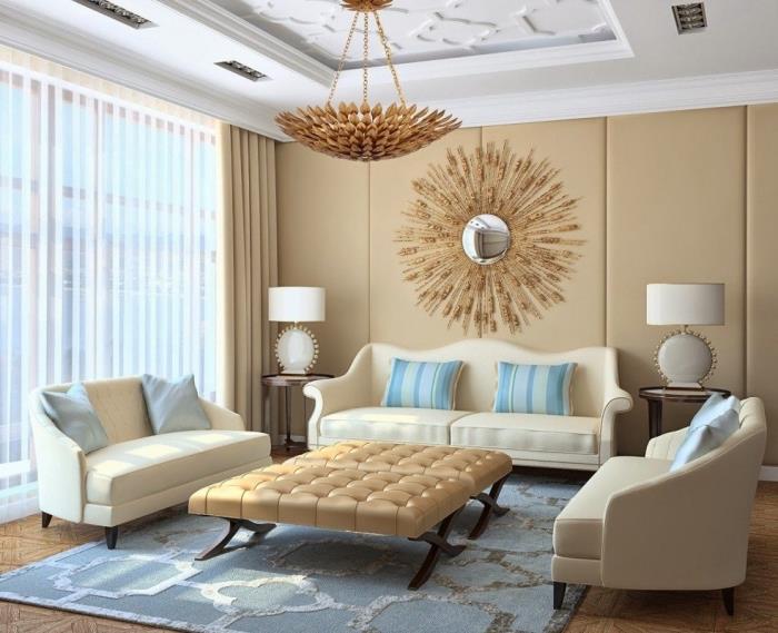 sodoben dizajn v bež dnevni sobi z belim stropom in lesenimi tlemi, dekorativna ideja v nevtralnih barvah z modrimi poudarki