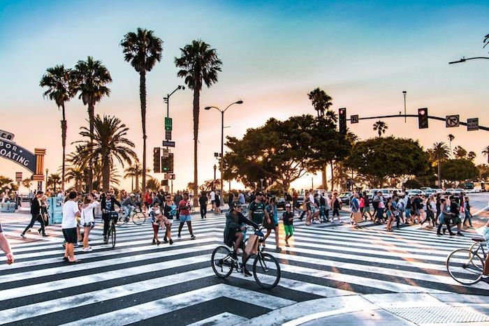 Santa Monica'daki plaja giden yol, insanlarla dolu, uzun palmiyeler, japonya manzarası, asya şehir manzarası, baykuş iPhone duvar kağıdı