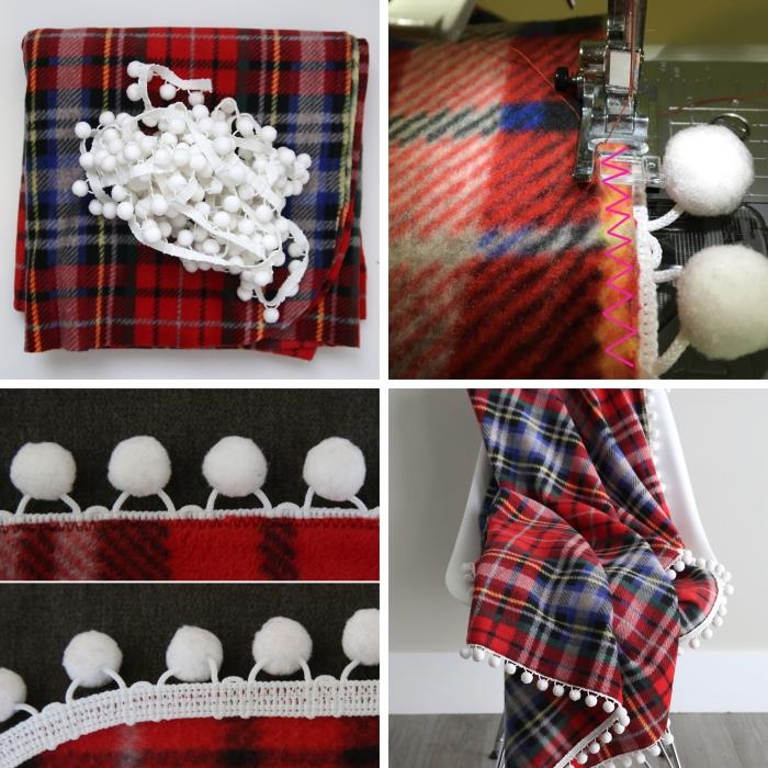 vadnica za enostaven božični pleter, DIY dejavnost s tkanino in trakovi mini pomponov na meter, ideja za božično darilo DIY za ženske