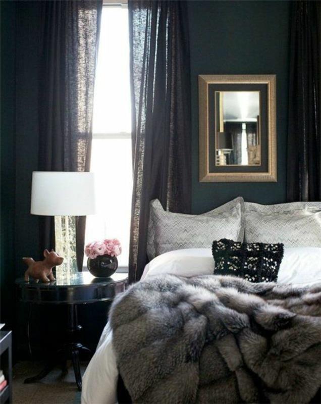 sivo-umetno krzno-karirano-za-spalnico-z-dolgimi-črnimi-zavesami