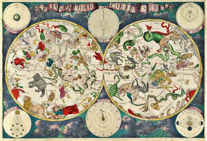 Senovinis dangaus žemėlapis su gyvūnais ir mitinėmis būtybėmis