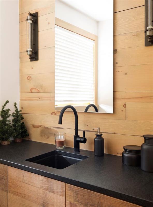 mutfakta ahşap duvar mat siyah modern lavabo tezgahı