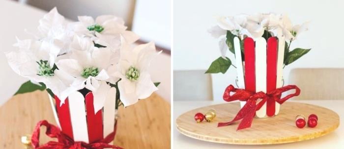 Kalėdinio stalo dekoravimas pasidaryk pats, pasidaryk pats gėlių vazonėlio modelis, pagamintas iš baltos ir raudonos spalvos perdažytų ledų pagaliukų