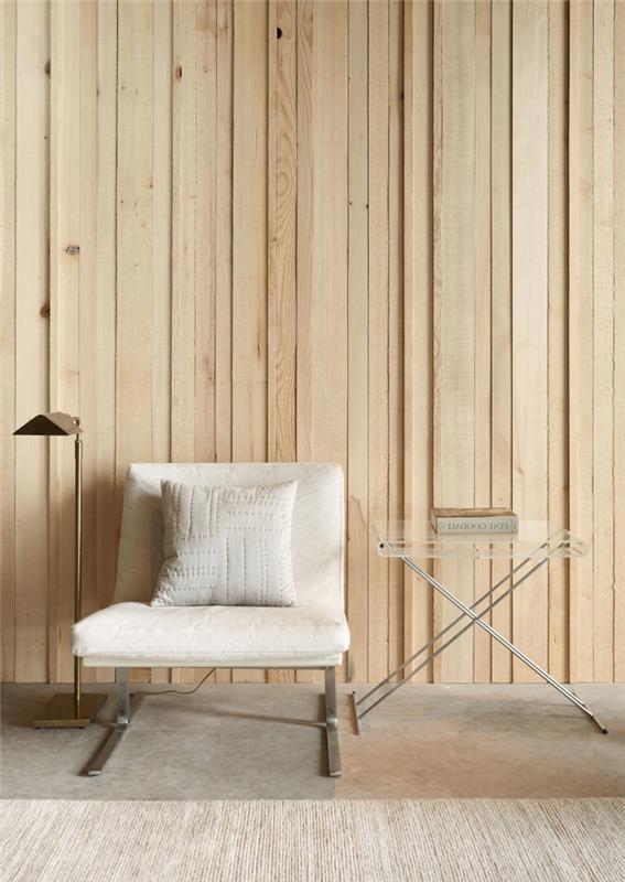 modernus ir minimalistinio stiliaus interjero dekoravimas natūraliomis spalvomis ir medžiagomis, medinių sienų apdailos idėja