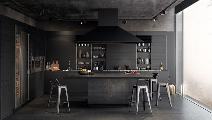 modern ve koyu mutfak duvar rengi, orta adalı l şeklinde mutfak tasarımı, mat siyah monokrom mutfak