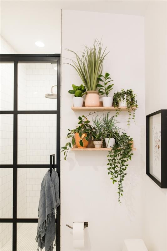 notranja plezalna dekoracija kopalnice z leseno stensko polico za shranjevanje zelenih rastlin