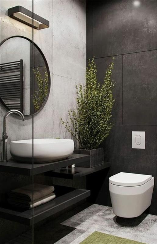 vonios kambarys juodos, baltos ir pilkos spalvos, didelis apvalus veidrodis su plonu rėmu, juodas, kambarinių augalų atspalvis, balta sieninė pakabinta spinta su moderniu dizainu
