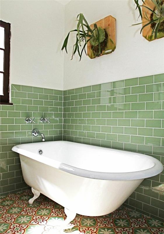 drėgmę sugeriantis augalas, du sieniniai augalų laikikliai, senovinė balta vonia su senovinėmis baltomis kojelėmis, vonios augalas, blizgi žalia plytelė pusiaukelėje iki sienos ir pusiau dažytos baltos sienos