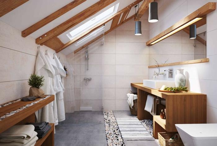 gölgeli iç mekan bitkisi, zen dinlenmek spa alanı, çatı katı alanı, açık kahverengi ahşap kirişler, fildişi renkli duvar karoları, açık gri yer karoları, yerde bir niş içinde beyaz ve siyah çakıl taşları sakin bir Asya atmosferi yaratmak için
