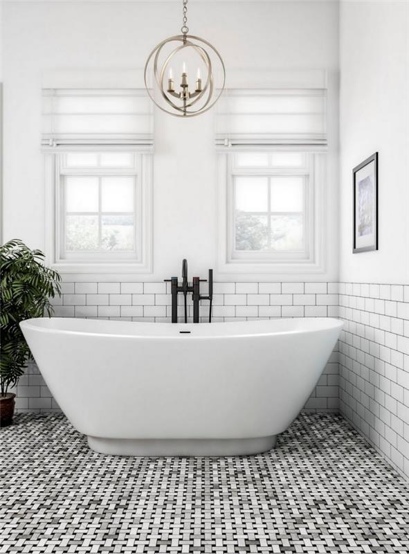 büyük küvetli banyo modeli, rölyef efektli karo zemin kaplama seçeneği, mumlu bakır avize