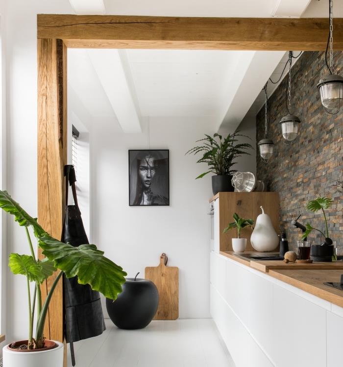 sodobno notranjo opremo v kuhinji z belimi stenami s sivo ponevjo in masivnim lesom ter mat črno oblogo