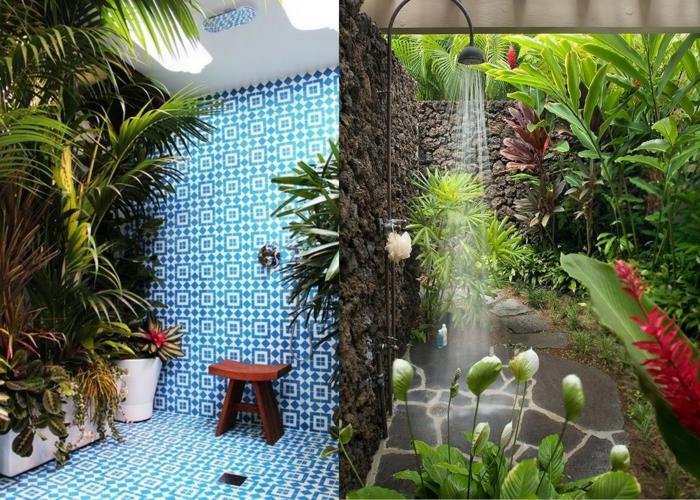 pinterest vonios kambarys, egzotiški augalai, laipiojimo augalas patalpose, balta ir mėlyna mozaikos siena, egzotiškos augmenijos apsuptas dušas, drėgmę sugeriantis augalas