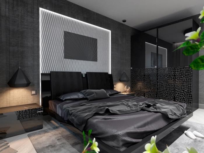 koyu duvarlar ve açık zemin ile modern bir yetişkin yatak odasında fare gri renginin siyah ve beyaz ile kombinasyonu