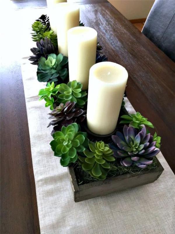 patalpų sukulentai-stalas-centras-gyvi augalai ir žvakės