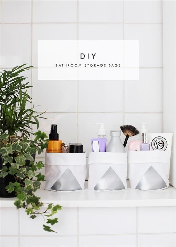 augalų interjeras baltos plytelės „pasidaryk pats“ krepšelis iš balto audinio mažos erdvės vonios kambario dekoras