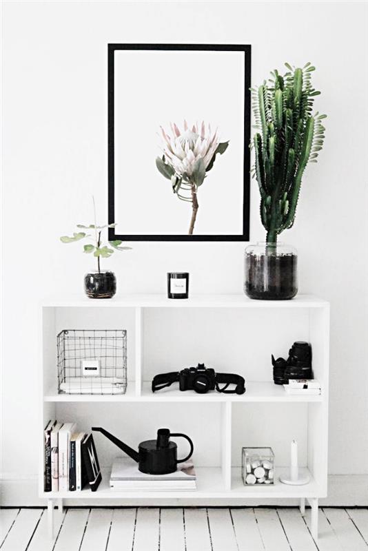 siyah nesnelerle dekore edilmiş duvar boyası ve beyaz mobilyalarla minimalist dekorasyon fikri, koridor saklama dolabı