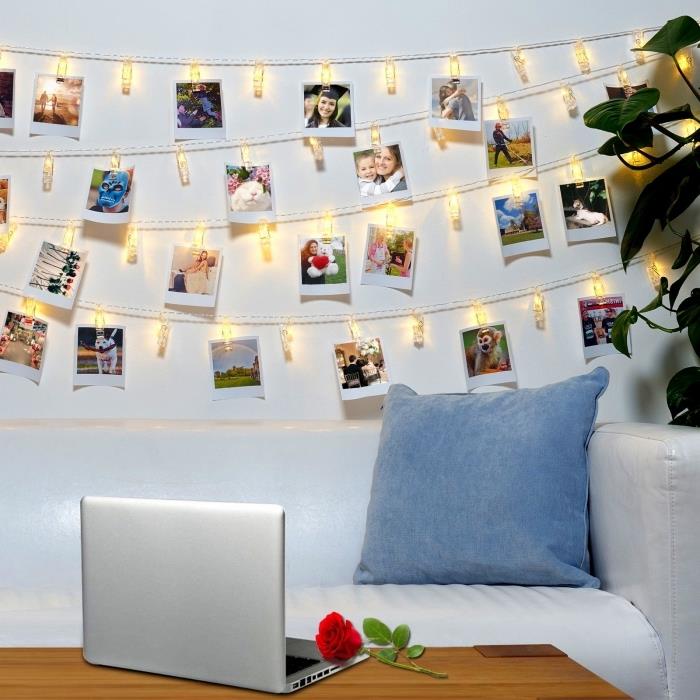 örnek bir fotoğraf ışık çelengi ile evde duvarların nasıl kişiselleştirileceği, led zincir ve fotoğraflar ile dekorasyon yapılması