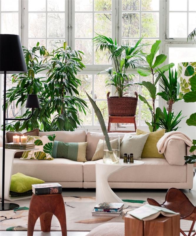pastel pembe kumaş mobilya ve bitkilerle döşenmiş modern oturma odası dekoru, modern iç tasarım trendi