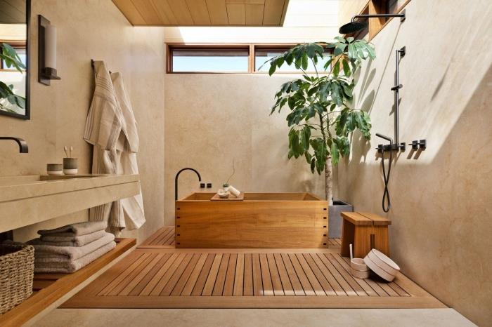 kaip papuošti japonišką medinį vonios kambarį, vonios kambario dizainą su akmens efekto sienomis ir šviesaus medžio lubomis
