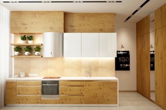 vgrajena kuhinja z bež stenami in belim stropom z zgornjimi in spodnjimi enotami iz svetlega lesa, primer kuhinjske shrambe s policami iz svetlega lesa