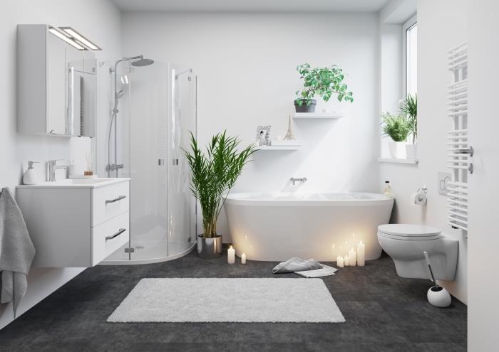 duşakabinli ve küvetli model banyo, beyaz duvarlı ve tavanlı koyu gri zeminli örnek banyo