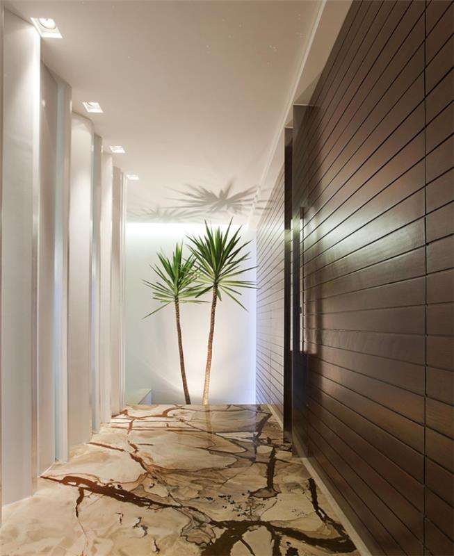 beyaz tavanlı ve bej ve kahverengi zeminli bir koridorda lüks bir atmosfer, iç mekanda yeşil bitkiler