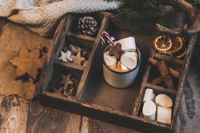 kurabiyeler ve bir fincan sıcak çikolata ile Noel için rahat bir atmosfer yaratın, ev yapımı sıcak çikolata dekorasyon fikri