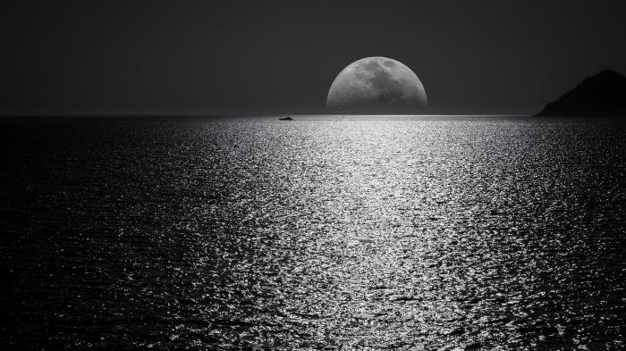 čudovita panoramska črno -bela fotografija polne lune, ki prihaja izpod obzorja, in njenih odsevov na mirnem morju