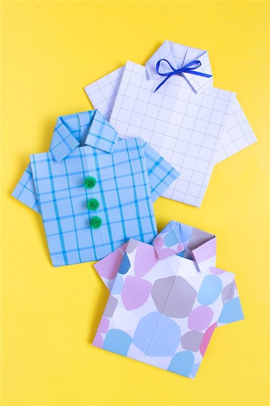 šablonska zabavna kartica v obliki srajce, kako zložiti kartonsko majico kot majico z gumbi z metuljčkom ali pom pompom