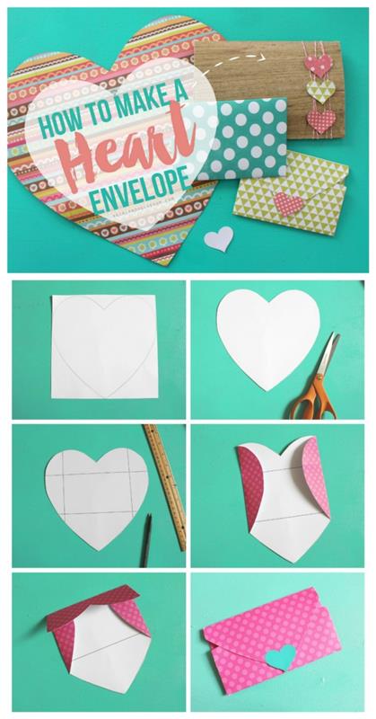 Sevgililer Günü için kalp şeklinde kağıttan kesilmiş bir zarf yapmayı öğrenme öğreticisi