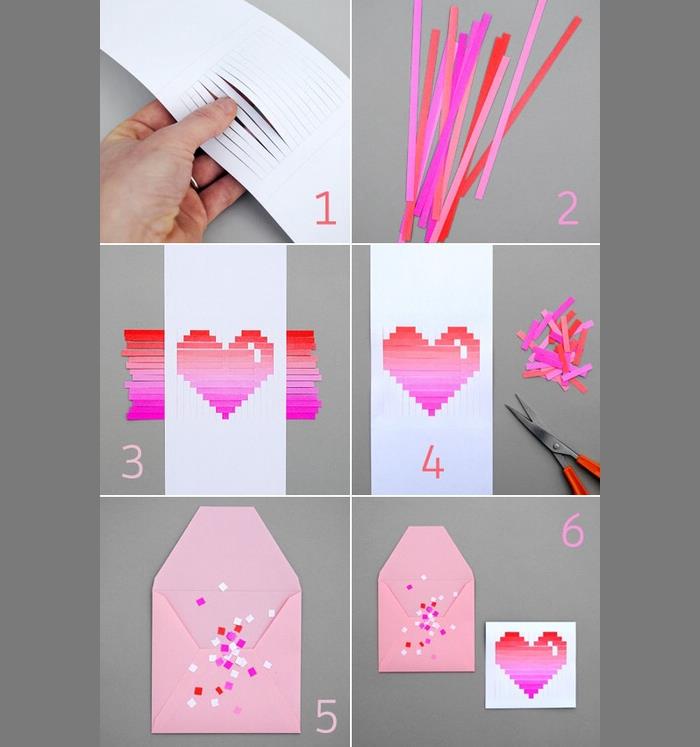 sevgililer günü için bir kart ve pembe ve kırmızı kağıt parçalarıyla süslemeli pembe kağıt zarf nasıl yapılır