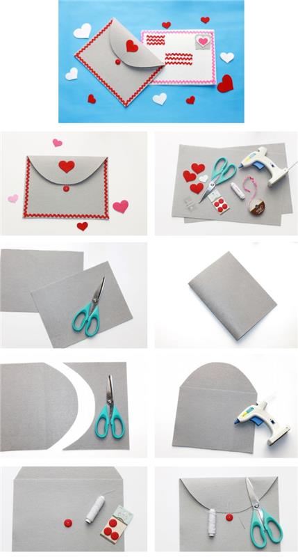 bir zarf yapın, kırmızı süslemeli gri bir zarf yapmak için izlenecek adımlarla öğretici