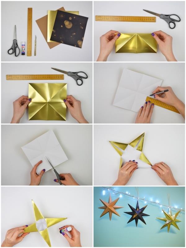 Metalik kağıttan bir origami Noel yıldızı yapmak, duvara veya bir Noel ağacına asmak için katlama adımları
