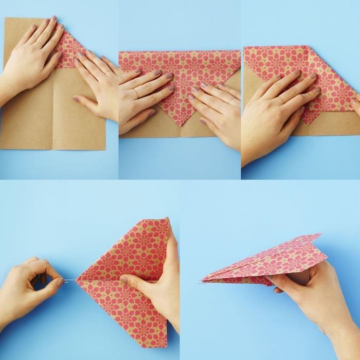 kaip padaryti gražų popierinį lėktuvą su keliomis pagrindinėmis raukšlėmis ir atspausdinto origami popieriaus dizainu